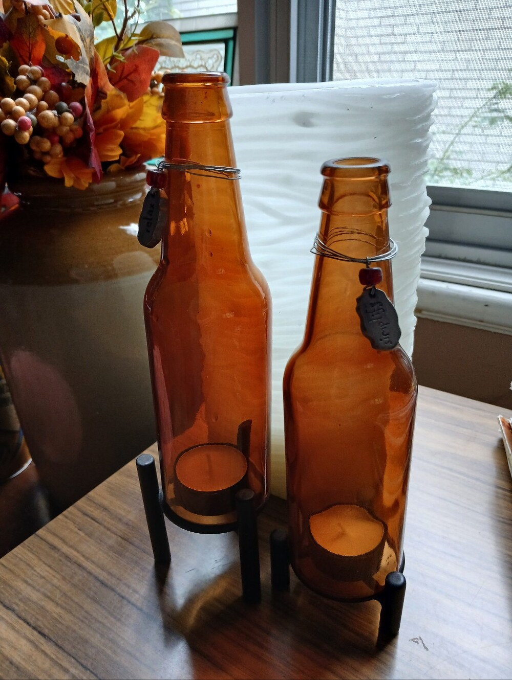 2 Amber Glass Bottle Candle Holders